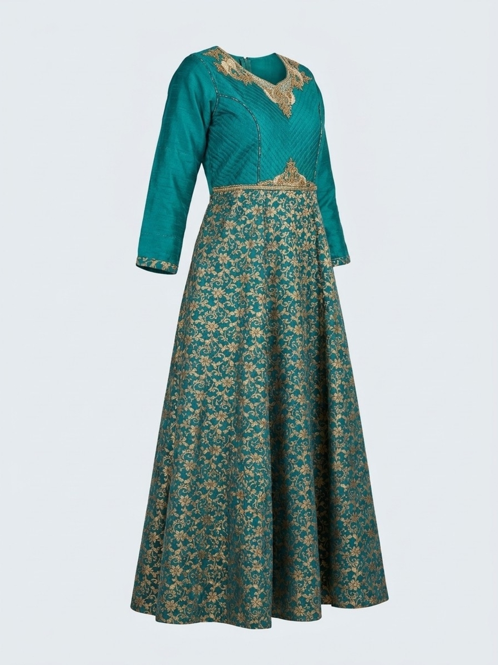 Teal & Gold Embroidered Anarkali Maxi Dress – Size XS